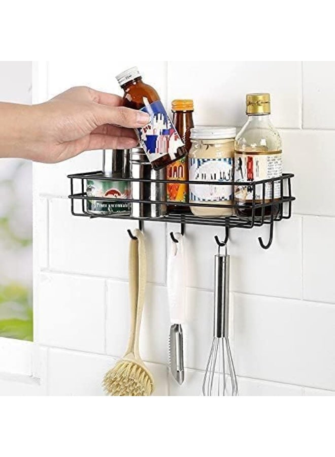 Bathroom Rack Shelf Metal Wall Storage with 4 Hooks, Multipurpose Bathroom Accessories, Towel Brush Holder, Spices Rack, Kitchen Organizer, Shampoo Organizer Rack, 2 Adhesive Hook (One Shelf) - Image 2
